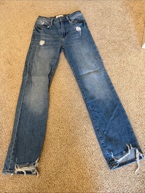 Frame Denim Women's Blue Flare Jeans with Distressed Hem